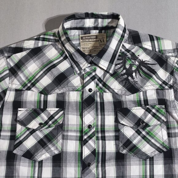 Machine button down shirt men's XL white grey checks western style front decor - Picture 2 of 9